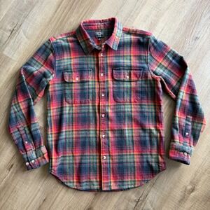 Dark Seas Division Mens Plaid Flannel Shirt Red Teal Orange Cotton Button Up M